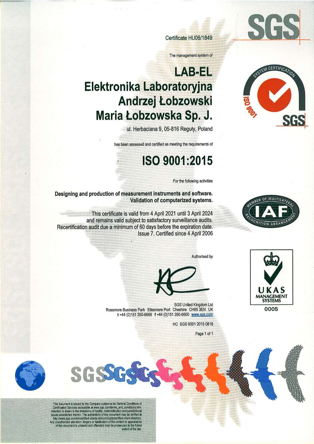 Certificate ISO 9001:2015 number HU06/1849