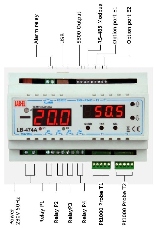 LB-474A thermometer, temperature/humidity regulator — description of connections.